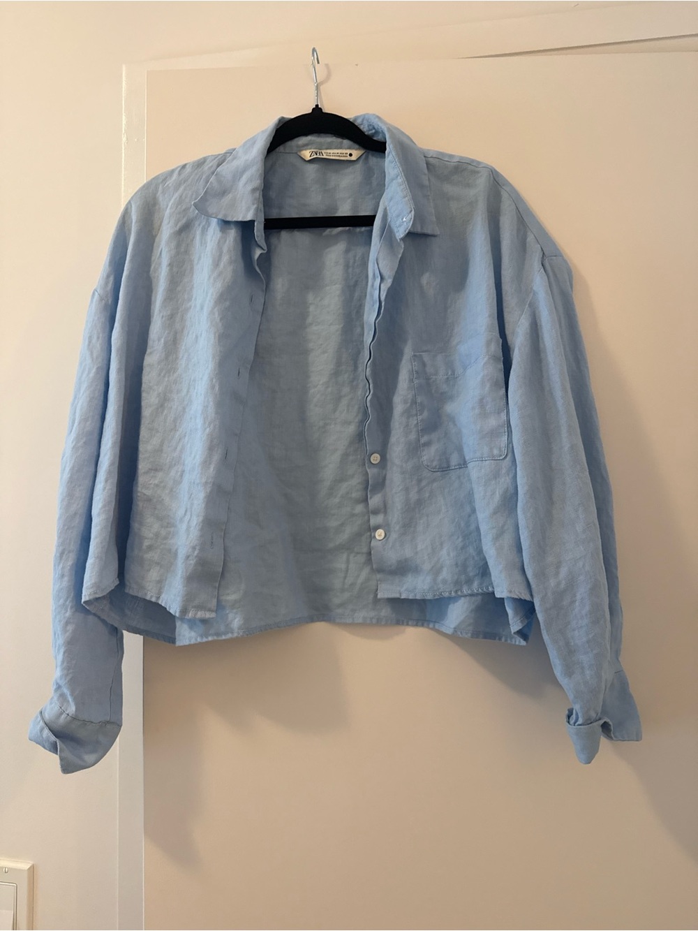 Zara Light Blue Relaxed Cropped Linen Shirt